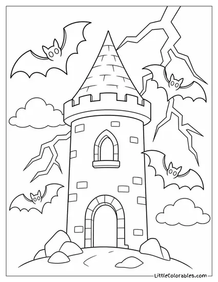 Bats Circling a Castle Tower with Lightning Flashing Behind Them Coloring Page