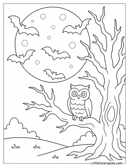 Bats Circling a Giant Full Moon with a Spooky Tree and an Owl in the Foreground Coloring Page