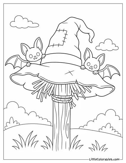Bats Clinging to the Brim of a Floppy Hat Hung on a Scarecrow Post Coloring Page