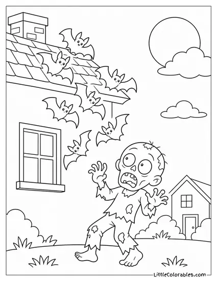 Bats Dropping from a Rooftop Like Falling Leaves Above a Startled Zombie Coloring Page