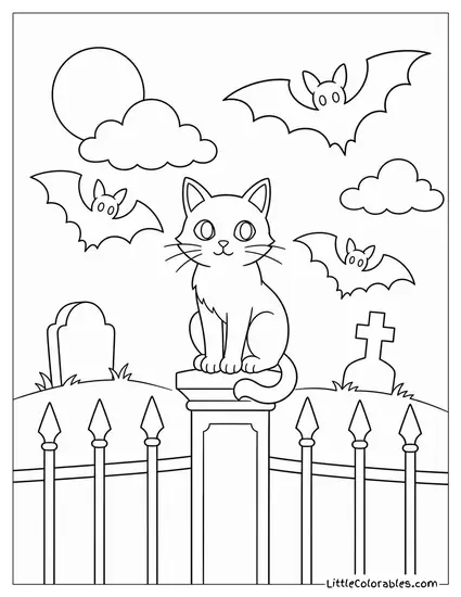 Bats Fluttering Around a Black Cat Perched on a Graveyard Fence Coloring Page