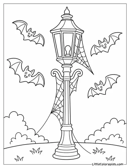 Bats Fluttering Around an Old Lantern Post Wrapped in Cobwebs Coloring Page