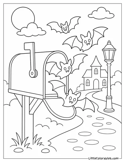 Bats Fluttering Out of a Mailbox on a Foggy Haunted Street Coloring Page