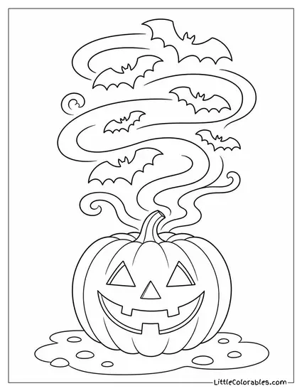Bats Flying in a Spiral Above a Jack O Lantern with Smoke Curling Upward Coloring Page