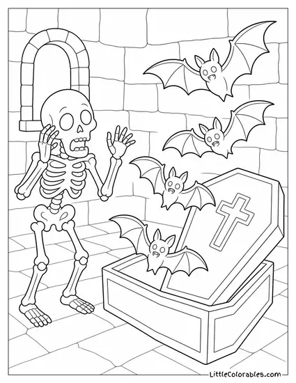 Bats Flying Out of a Coffin Lid as a Startled Skeleton Looks On Coloring Page