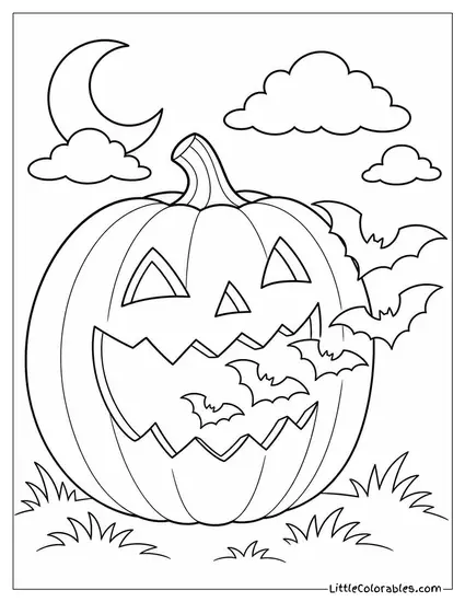 Bats Flying Out of a Jack O Lantern Mouth as It Grins Wide Coloring Page