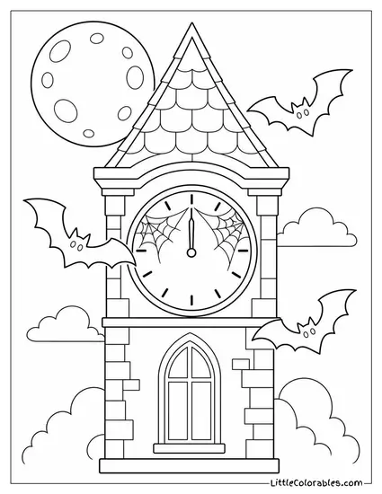 Bats Flying Past a Clock Tower Striking Midnight with Cobwebs on the Hands Coloring Page