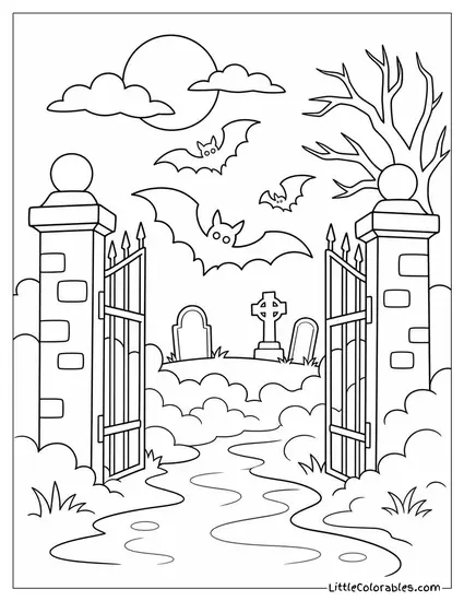 Bats Flying Through a Graveyard Gate as Fog Rolls Across the Path Coloring Page