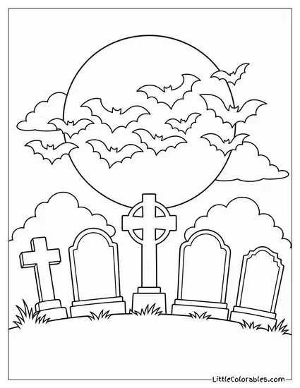Bats Forming a Cloud Across the Moon Above a Row of Tombstones Coloring Page