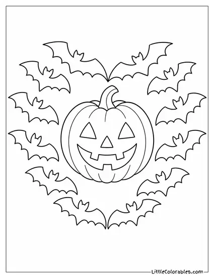 Bats Forming a Heart Shape Around a Glowing Jack O Lantern in the Dark Coloring Page