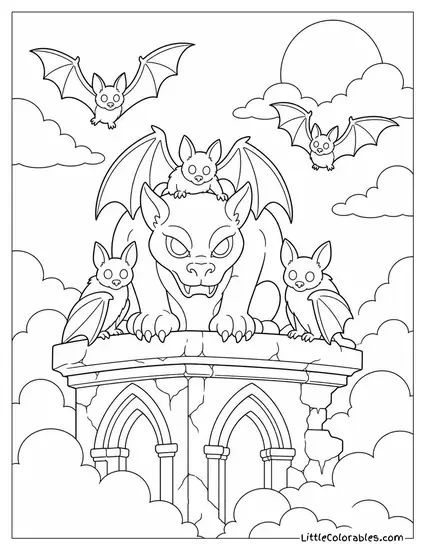 Bats Gathered on a Crumbling Gargoyle Statue with Clouds of Fog Around It Coloring Page