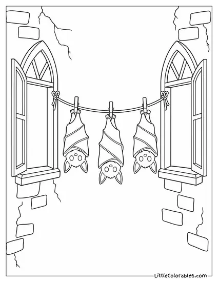 Bats Hanging from a Clothesline Strung Between Two Haunted House Windows Coloring Page