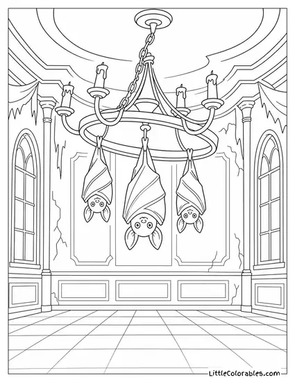Bats Hanging from a Crooked Chandelier in an Abandoned Ballroom Coloring Page
