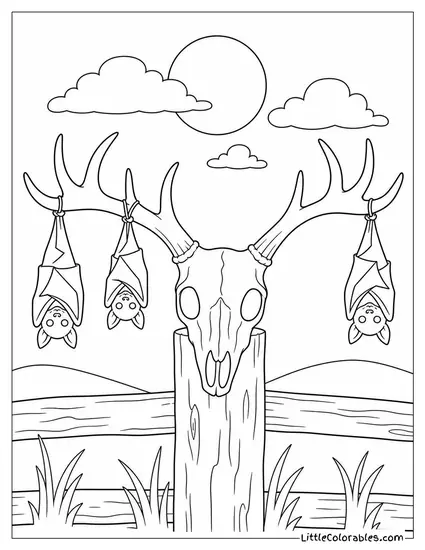 Bats Hanging from the Antlers of an Old Deer Skull on a Fence Post Coloring Page