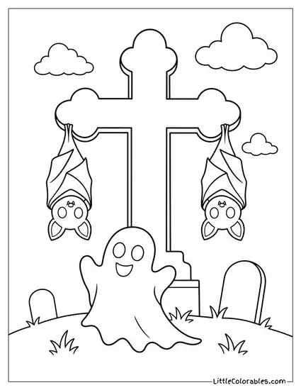 Bats Hanging from the Arms of a Graveyard Cross with a Ghost Floating Below Coloring Page