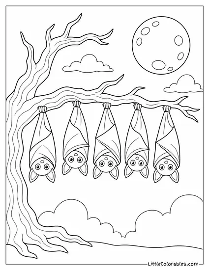 Bats Hanging from a Row of a Gnarled Spooky Tree Branch Under a Full Moon Coloring Page