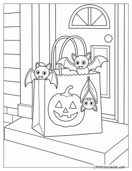 Bats Hanging Off a Trick or Treat Bag Left on a Haunted Doorstep Coloring Page