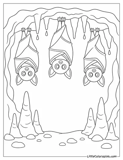 Bats Hanging Upside Down in a Cave with Glowing Eyes and Dripping Stalactites Coloring Page