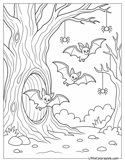 Bats in a Spooky Forest Leaving a Giant Hollow Tree as Spiders Dangle from Branches Coloring Page