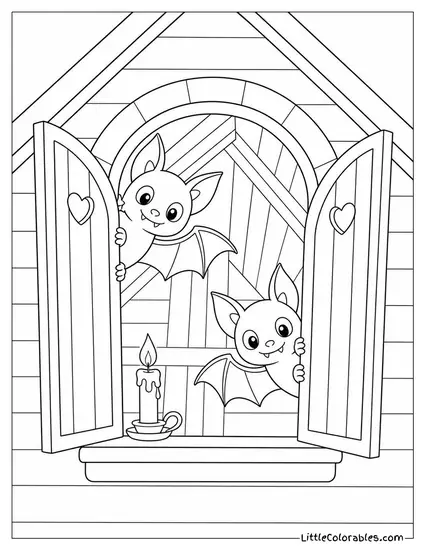Bats Peeking from a Witch Free Spooky Attic Window with a Candle Flickering Inside Coloring Page