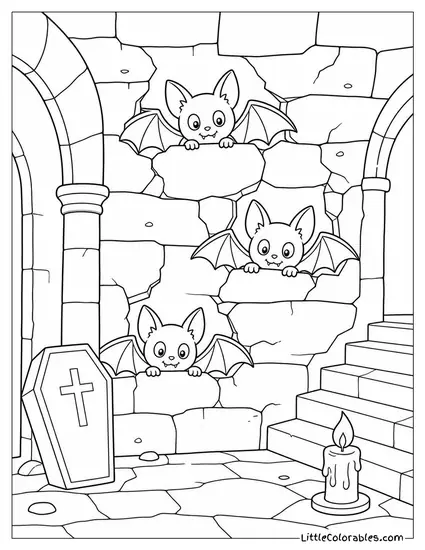 Bats Peeking Out of a Cracked Stone Wall in a Crumbling Crypt Coloring Page