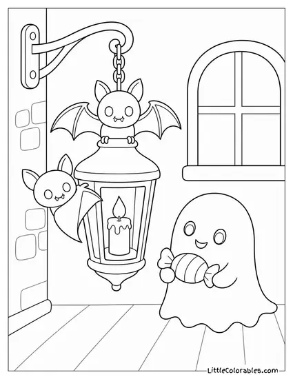 Bats Resting on a Hanging Lantern Beside a Tiny Ghost Holding a Candy Coloring Page