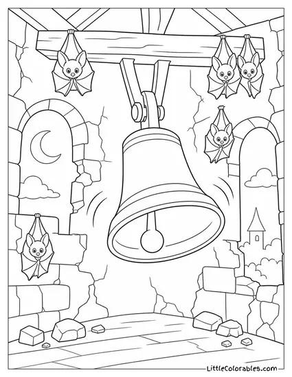 Bats Roosting Inside a Cracked Bell Tower as the Bell Swings Coloring Page