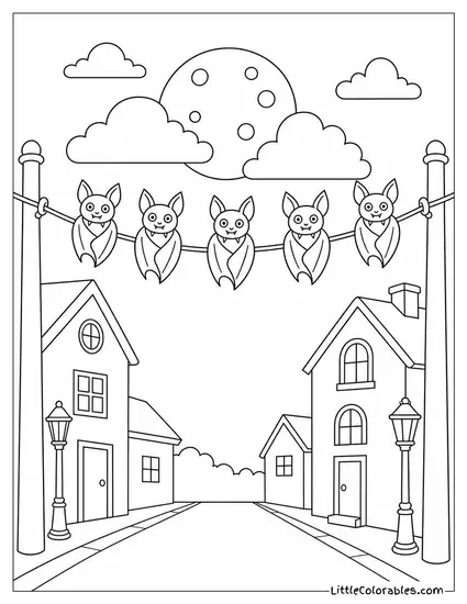 Bats Sitting on a Wire Strung Across a Foggy Moonlit Street Coloring Page