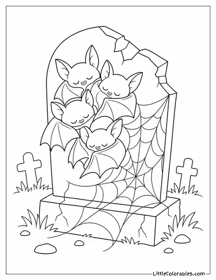 Bats Sleeping in a Cluster on a Broken Tombstone with a Spider Web Draped Over It Coloring Page