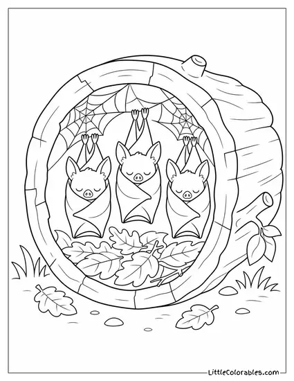 Bats Sleeping in a Hollow Log Stuffed with Cobwebs and Dead Leaves Coloring Page