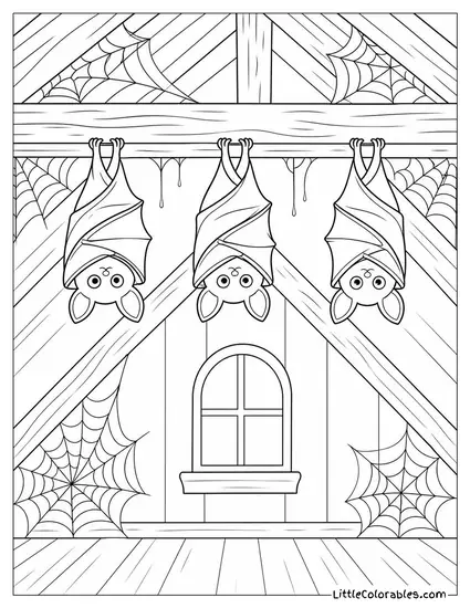 Bats Sleeping Upside Down on an Attic Ceiling Beams Draped in Cobwebs Coloring Page