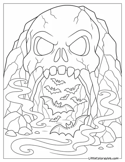 Bats Streaming from a Skull Shaped Cave Entrance with a Mist Swirling Outside Coloring Page