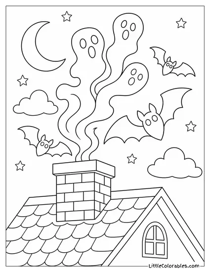 Bats Streaming Out of a Chimney with Ghost Shaped Smoke Curling Upward Coloring Page
