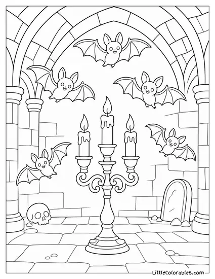Bats Swarming Around a Lit Candelabra in a Dusty Crypt Coloring Page