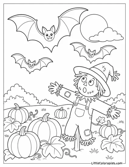 Bats Swooping Over a Pumpkin Patch While a Scarecrow Looks Up in Surprise Coloring Page