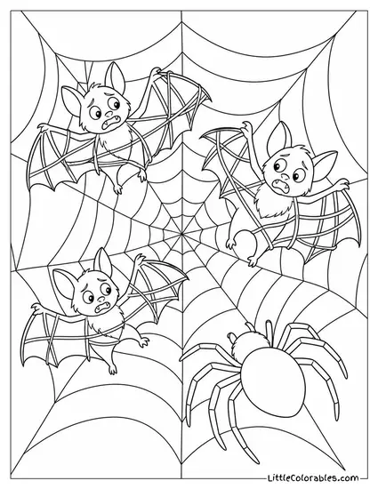 Bats Tangled in a Giant Spiderweb with a Big Spider Approaching Coloring Page