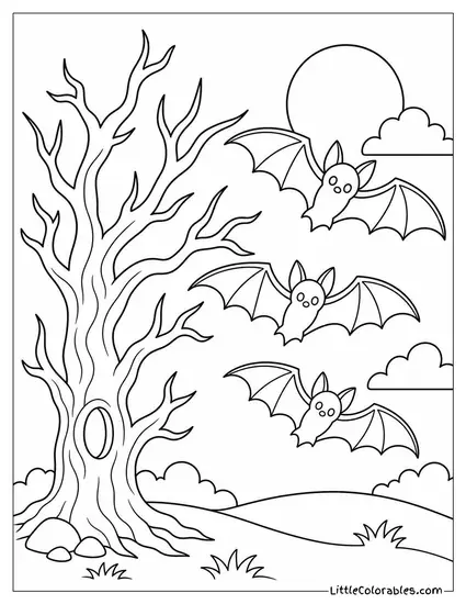 Bats Zooming Across the Sky in Formation Past a Spooky Tree Silhouette Coloring Page