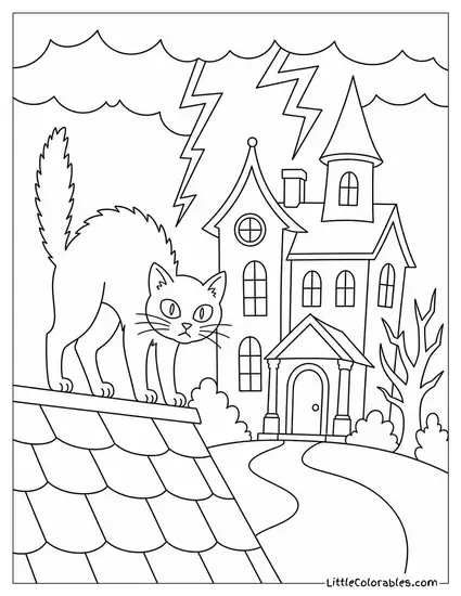 Black Cat Arching Its Back on a Rooftop as Lightning Flashes Over a Haunted House Coloring Page
