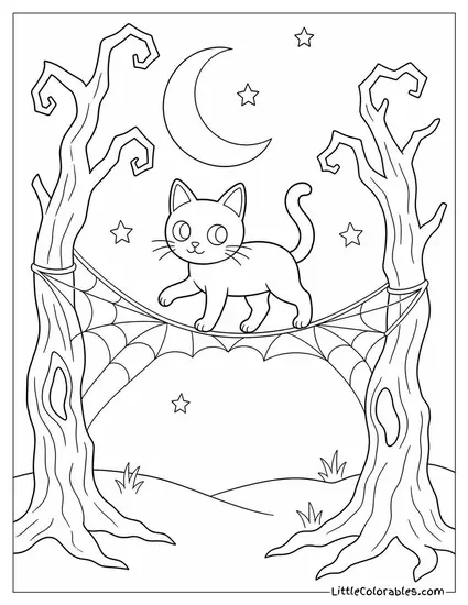 Black Cat Balancing on a Moonlit Tightrope of Cobwebs Between Two Crooked Trees Coloring Page