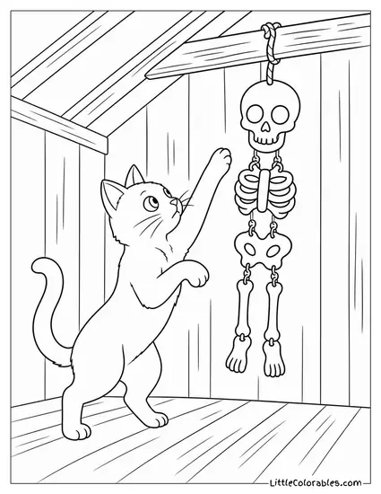 Black Cat Batting at Hanging Skeleton Bones Dangling from a Rafter Coloring Page