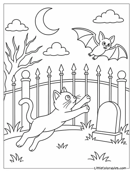 Black Cat Chasing a Bat Around a Graveyard Fence at Midnight Coloring Page