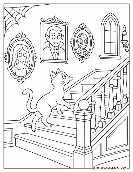 Black Cat Climbing a Haunted House Staircase Past Portraits with Glowing Eyes Coloring Page