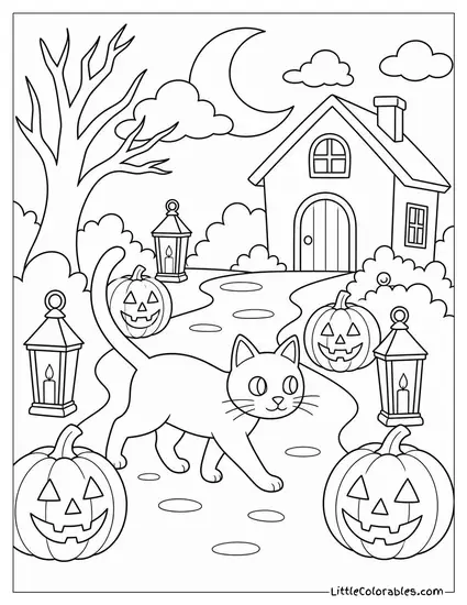 Black Cat Crossing a Foggy Path Lined with Glowing Jack-o-Lanterns Coloring Page