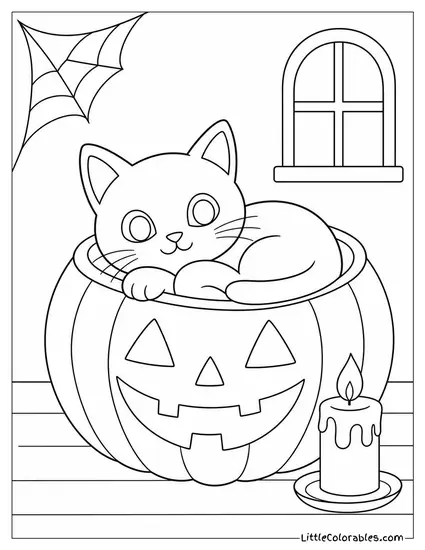 Black Cat Curled Up Inside a Jack-o-Lantern with a Candle Glowing Beside It Coloring Page