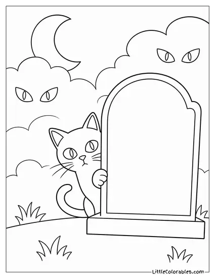 Black Cat Hiding Behind a Tombstone as Glowing Eyes Appear in the Fog Coloring Page