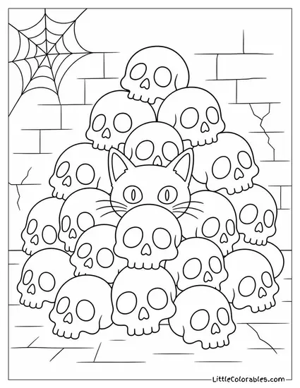 Black Cat Hiding in a Pile of Skulls with Only Its Eyes and Whiskers Showing Coloring Page