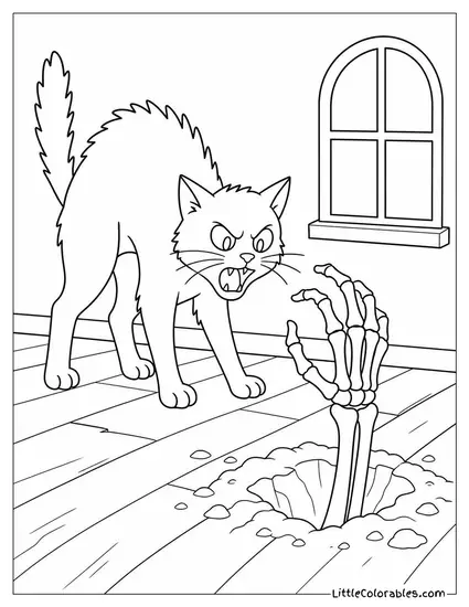 Black Cat Hissing at a Skeleton Hand Reaching Up from the Ground Coloring Page