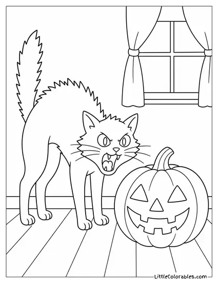 Black Cat Hissing with Its Back Arched and Fur Standing Up Beside a Jack-o-Lantern Coloring Page