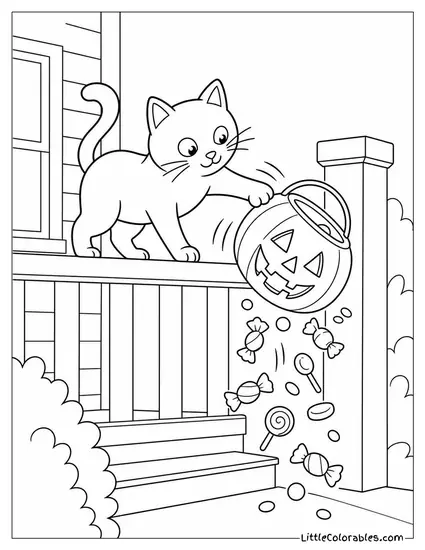 Black Cat Knocking a Jack-o-Lantern Off a Porch Railing with Candy Spilling Everywhere Coloring Page
