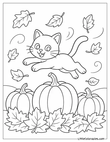Black Cat Leaping Over a Row of Pumpkins with Autumn Leaves Flying Everywhere Coloring Page